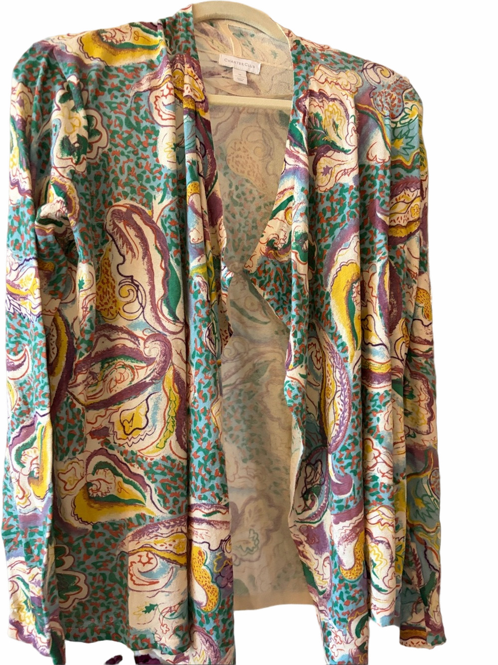 Carter club cotton open front cardigan in plum, teal, ivory, gold long sleeve M